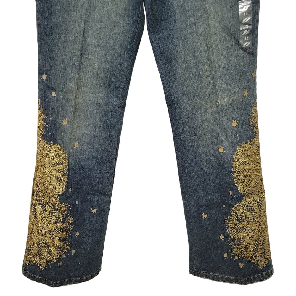 DKNY NWT Size 12 Jeans Denim Gold Glitter So Low Lita Chain Belt Boot Distressed - Picture 6 of 16